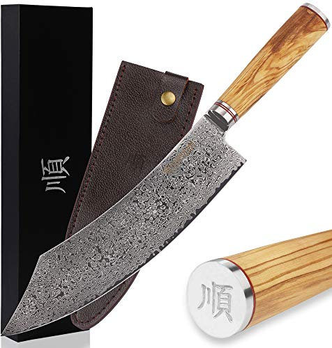 YOUSUNLONG Couteau de boucher 10 pouces couperet à viande Damas acier au carbone - manche en bois d'olivier italien avec étui en cuir