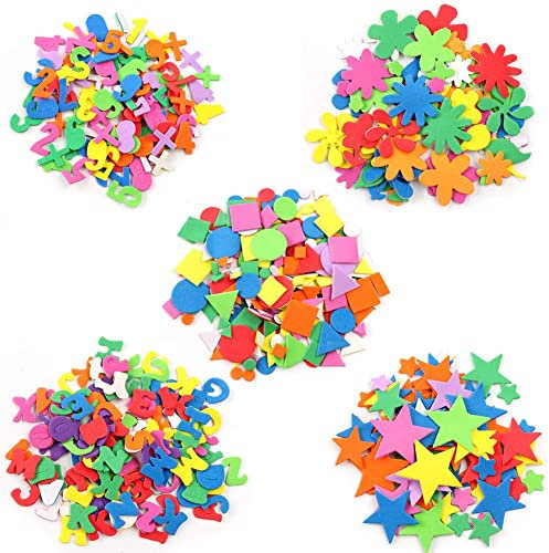 JUHONNZ Schaumstoff Aufkleber,710 PCS Selbstklebende Moosgummi Bastelset Buchstaben-Aufkleber Kinder-Party-Aufkleber zum Basteln Kunst Kinder Scrapbooking Karte 5 Muster Größen und Formen