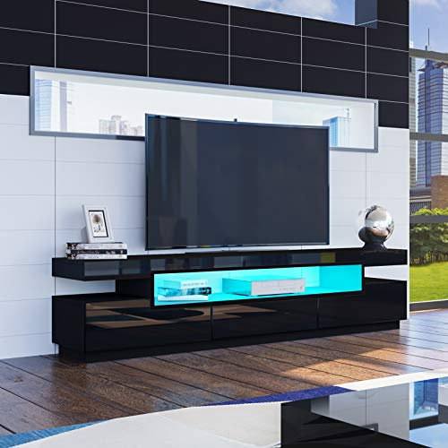 Senvoziii LED TV Stand Cabinet Unit 160cm Modern Black High Gloss TV Entertainment Unit Sideboard Storage Cabinet with 3 Drawers for Living Room