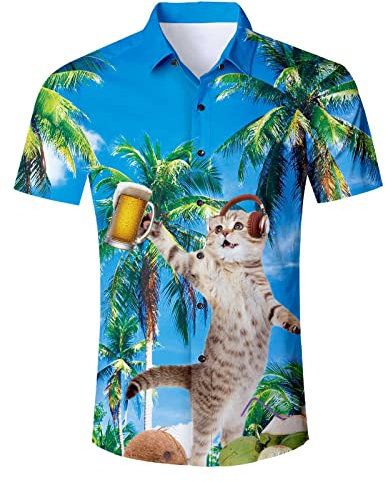 Katze Hawaiihemd Herren Funky Hawaii Hemd Baumwolle Button Down Lustig Hemd Bunt Männer Kurzarm Aloha Sommerhemd Freizeithemd für Strandurlaub Beige Blau L