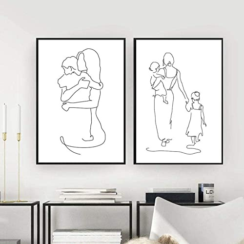 HMXQLW Mother and Daughters Son Art Line Drawing Wandbilder Abstract Minimalist Bilder kunstdrucke Wohnzimmer Deko,Leinwandbilder Poster und Drucke Wandkunst Schlafzimmer Rahmenlos (2X60X80CM)