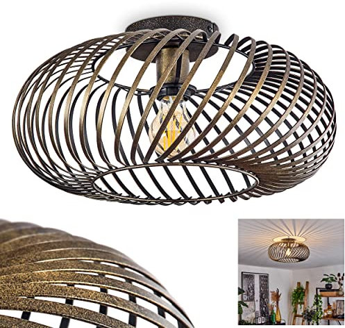 Deckenleuchte Oravi, runde Deckenlampe, Metall, Goldfarben-antik/Schwarz, 1-flammig, E27-Fassung, Ø 40 cm, Leuchte im Retro/Vintage-Design mit tollem Lichteffekt durch Gitter-Optik, ohne Leuchtmittel