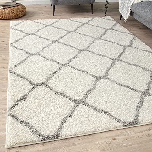 THE RUGS Shaggy Rug – Modern Moroccan Design Rugs for Living Room, Bedroom, Hallway, 3 cm Thick Area Rugs, (Moroccan Ivory/Grey, 60x110cm)
