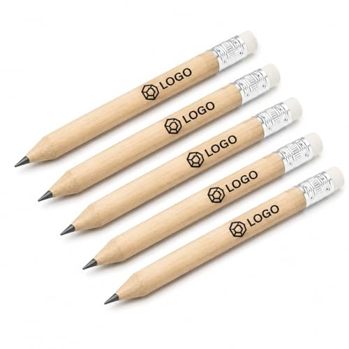 WPRO Mini Bleistifte mit Logo 500 Stück kurzer Holzbleistift mit Radierer personalisiert bedruckt 10 cm HB ähnliche Härte für Messe Hotel Büro