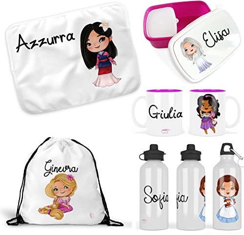 Set coordinato Principesse Fiabe personalizzato per scuola e asilo zainetto borraccia portamerenda tazza di plastica tovaglietta Cenerentola Biancaneve Aurora Rapunzel Esmeralda Belle