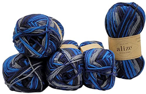 Ilkadim Export 5 x 100 Gramm Sockenwolle Alize Wooltime mehrfarbig, 75% Superwash Wolle, 500 Gramm Strickwolle für Stricksocken und Strümpfe (schwarz blau grau 11011), wt1