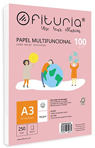 Packung mit 250 weißen DIN A3 Blättern, 100g Druckerpapier. Multifunktionales Kopierpapier für Schule und Büro. Ideal für Laserdrucker, Tintenstrahldrucker oder Kopierer – Ofituria