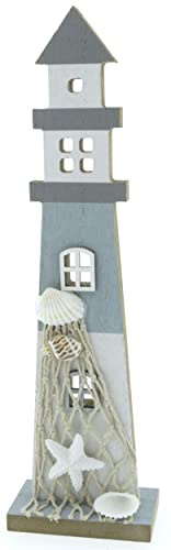 WBWT Leuchtturm mit Fischernetz und Muscheln, maritim blau weiß, aus Holz 31x9x5cm