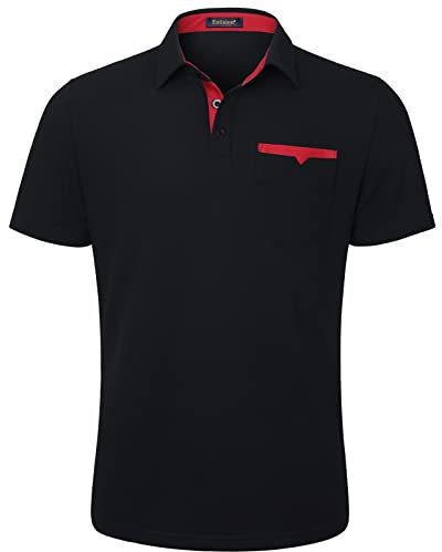 Enlision Poloshirt Herren Kurzarm Schwarz Rot Polohemd mit Brusttasche Casual Golf Poloshirts Regular Fit Sport Polo T-Shirt Männer L