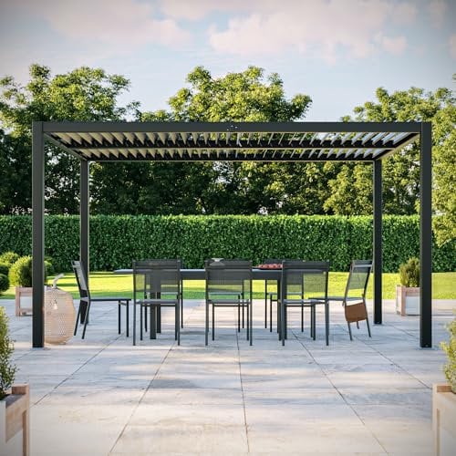Avril Paris Tonnelle/Pergola bioclimatique Lames orientables en Aluminium 3x4m - Anthracite-Belair