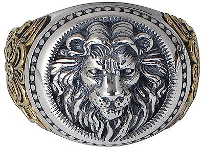 ForFox Herren Löwe Ring Zweifarbiger 925 Sterling Silber Löwenkopf Ring mit Reben Offen Verstellbar
