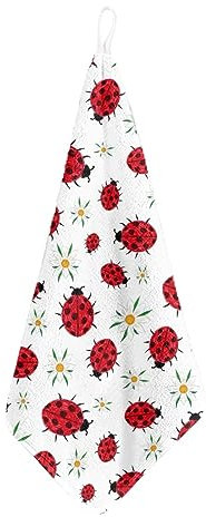 Kuiaobaty 4 Stück Handtuch Marienkäfer Blumendruck Geschirrtuch, Käfer Blumen Muster kleine hängende Hand trocken Handtuch, Multipack (2 Stück)