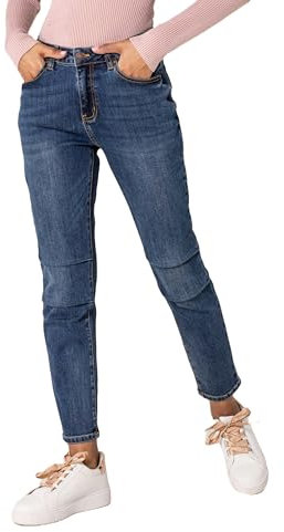 Nina Carter Damen Boyfriend Jeans High Waist MOM Jeans Parachute Style Used-Look Waschungseffekt, Dunkelblau (Q1892-1), S