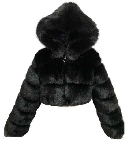 PengGengA Cappotto di Pelliccia Sintetica da Donna Morbido Cappotto di Peluche con Cappuccio Cardigan in Pelliccia Sintetica Giacca Corta Crop Top Manica Lunga - Nero, S