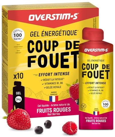 Overstim.s - Gel Coup de Fouet (10 sachets) -Gel énergétique pour le sport (vélo, course à pied...) - Energie instantanée - Efforts intenses - passages difficiles - 100 kcal/gel - Saveur Fruits rouges