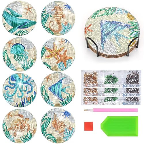 8pcs Diamond Painting sous Verre Mandala 5D DIY Dessous de Verre Peinture Diamant sous-Verres avec Support Dessous de Verre en Forme de Diamant pour L'artisanat Cadeau (Créatures Marines)