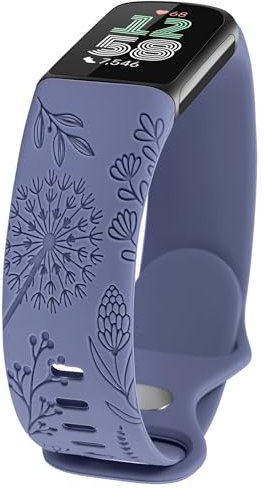 TOYOUTHS Löwenzahn Floral Gravierte Armband Kompatibel mit Fitbit Charge 6/Charge 5 Armband Damen, Frauen Blume Fancy Cute Weich Silikon Sport Solo Loop Armbänder für Charge 6, Blau