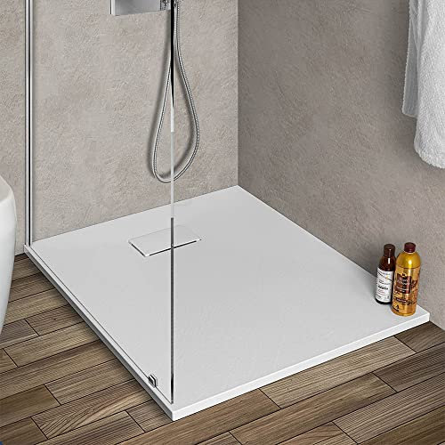 Piatto doccia 70x70 cm bianco effetto pietra in resina, ultra slim con spessore 3 cm, riducibile su misura, AGORA’