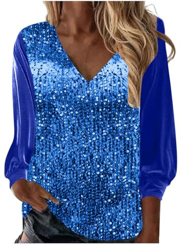 RIKAY Women Shimmer Sequin Sparkly Festival Party Shirt and Blouse Womens Long Sleeve V Neck Shining Glitter Top Tee Shirts Pullover UK Plus Size 8 22 Blue