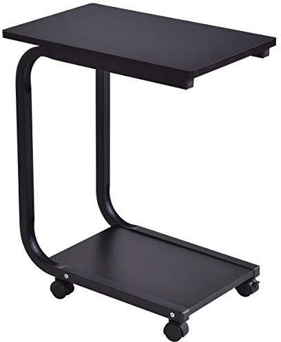 Multigot C-Shaped Side Table, Metal Frame Rolling End Table with 4 Wheels & Storage Shelf, Laptop Stand Sofa Desk for Bedroom Living Room