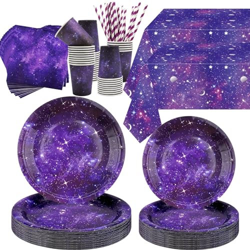 Galaxy Theme Party Decorations - Space Birthday Supplies, Including Plates, Cups, Napkins, Tablecloth, Straws - Serves 40