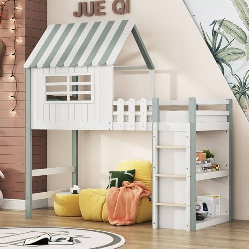 Einzigartiges Hausförmiges Kinderbett 90 X 200 Cm, Gemütlicher Privater Raum, Rahmen Aus Massivem Kiefernholz, Hohes Sicherheitsgeländer, Multifunktionales Design Mit Spiel- Und Stauraum(Color:Grün)