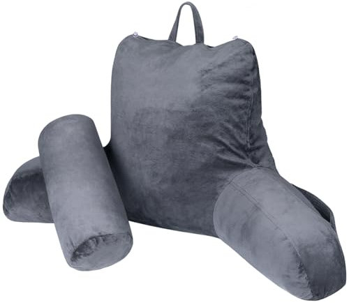 Reading Pillow Bed Backrest Pillow, Adult Bed Cushions with Arms for Sitting up in Bed Back Support Pillow with Headrest & Pockets, Washable Cover and Detachable Neck Roll (Grey, Large)