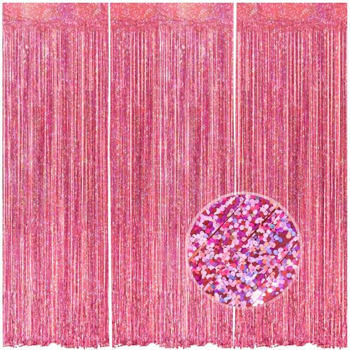 TIECHI 3PCS Pink Tinsel Curtain, 3.3ft x 6.6ft Foil Party Streamers Backdrop, Birthday Decoration for Unicorn Mermaid Fairy Princess School Girls Party