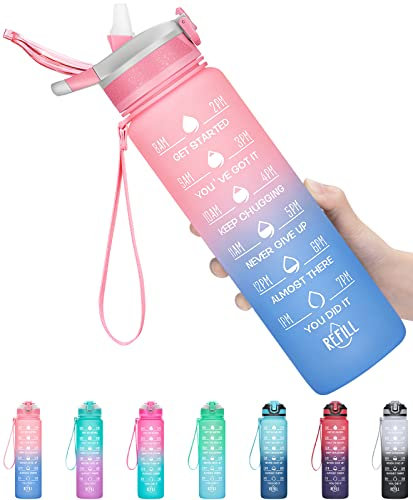 MEITAGIE 1L Motivational Sports Water Bottle with Straw & Time Maker,Leakproof with BPA Free Lid,Toxin Free Plastic Drink Bottle Design for Sports Gym Office Running (Pink Blue)