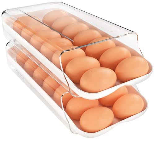 Theaoo Soporte para Huevos de Nevera - Contenedor Rodante Automático, Dispensador de Plástico Transparente, Organizador Apilable con Bandeja Interior para Refrigerador