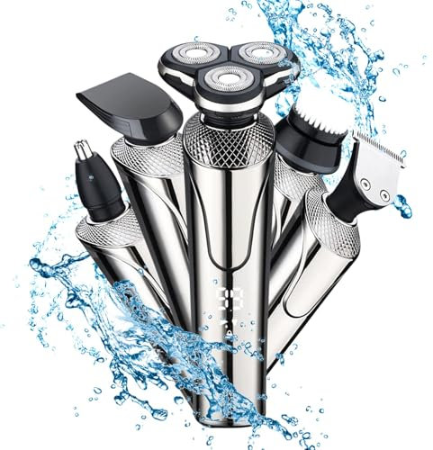 Rasoir Electriques Hommes, 5 in 1 Rasoirs à Têtes Rotatives, IPX7 Étanche Rasoir Electriques Rechargeable USB et tondeuse nez Ave écran LED et Sec et Humide Portables