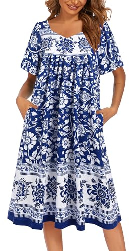 Ekouaer Women's Nightgown Pleated House Dress Short Sleeve Mumu Dress with Pockets