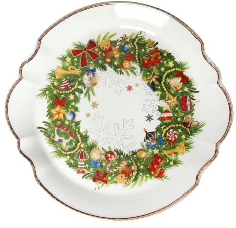 BRANDANI Piatto Portata Torta Centrotavola Natale Christmas 89922 Porcellana Bianco Verde 33cm