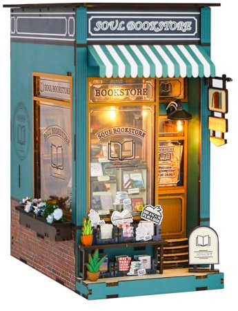 Book Nook Kit Buchhandlung, Miniatur Haus Kit mit LED-Lichtern, 3D-Puzzles, Buchstützen, Raumdekoration, DIY-Miniaturhaus-Bausatz für Erwachsene zum Bauen, Geburtstagsgeschenke (Soul-Buchladen)