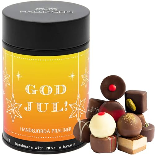 Hallingers Genuss Manufaktur Pralinen Weihnachts-Geschenk - ohne Alkohol, handmade aus Confiserie-Edelkakao in wertiger Geschenkdose God Jul, yellow..., Weihnachten Svenska