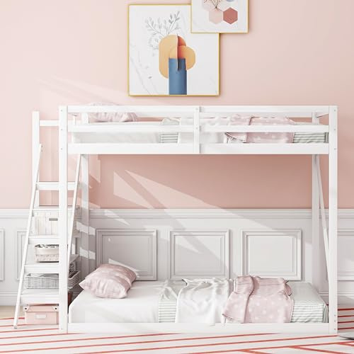 Shye Lettino a soppalco con scala di sicurezza, letto a castello in legno massello con rete a doghe, adatto per bambini, ragazzi e adulti, 140 x 200 cm (bianco)