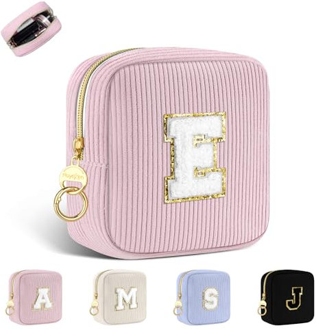Petit Trousse Personnalisable Pochette Maquillage Femme Mini Trousse de Toilette Fille avec Initiale Sac de Cosmétiques en Velours Côtelé Personnalisée Cadeau Anniversaire Noël Filles Maman(Rose-E)