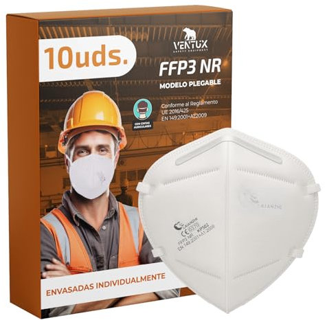 VENTUX SAFETY EQUIPMENT Mascarillas FFP3 Planas – Certificadas CE EN149:2001 + A1:2009 – 10 Unidades – Alta Protección Respiratoria Filtración ≥99% – Sin Válvula