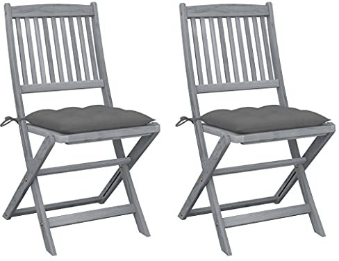 Myheimly Klappbar Klappstühle Klappstuhl Gartenmöbel Balkon Sühle Gartenstuhl Gartenstühle 2 STK. mit Kissen Massivholz Akazie 2X 3009167de Grau