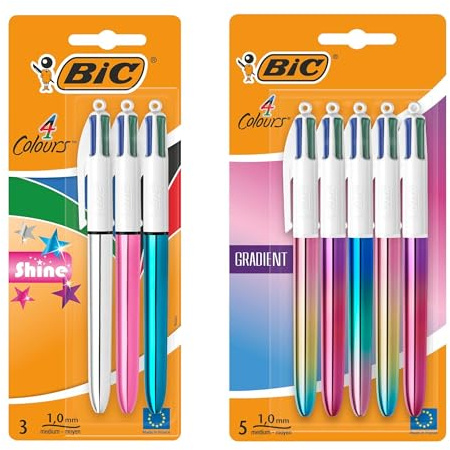 BIC 4 Colours Kugelschreiber Bundle – 8 Stück (3x Shine + 5x Gradient) – 4 Farben pro Stift, nachfüllbar, Metallic-Design – Für Büro, Schule & Home Office