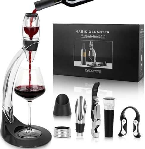 Set Decanter Vino 8 in 1 con Aeratore | Accessori Vino Completi (Base Antiaderente, Anello Antigoccia, Tagliafogli, Tappo, Versatore, Cavatappi) | Ideale Regalo per Appassionati e Degustazioni