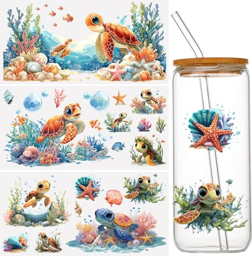 WANDIC 3 Bogen Schildkröten UV DTF Transfer Stickers Groß, Schildkröte Cup Warp Wasserfest Aufkleber Deko, Möbel Aufkleber für DIY Glas Fenster Wasserflasche Handwerk, 15 x 30 cm