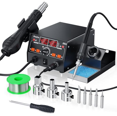 Preciva 902D II Stazione Saldante,750w Saldatrice Laser Ad Aria Calda 2 In 1,Stagno Per Saldare 100°C-480°C Con Display Led,4 Ugelli, 5 Punte, Saldatura Senza Piombo 30g