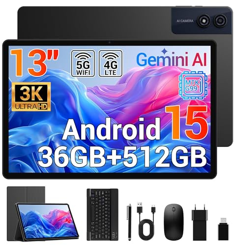 LORDWIT 13 Zoll Tablet, 3K UHD 2944×1840 Dsiplay, 36GB RAM 512GB ROM/1TB TF, Helio G99, 90Hz, Dual SIM 4G LTE, WiFi 5G, Widevine L1/11580mAh/13MP/GPS, Android 15 Tablet mit Tastatur/Hülle/Maus/Stift