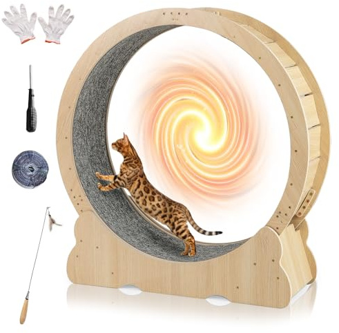 COSTWAY Katzenlaufrad, 101 cm Innendurchmesser, Laufrad Katzen mit abschließbarem Mechanismus & Kratzmatte, Ultra-leiser, Katzenrad Trainingsrad, für große Katzen bis 20 kg, Holz, Natur