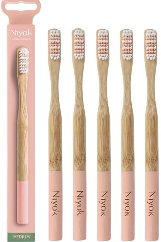 Niyok Bambus Zahnbürste Erwachsene Medium Rose 5 Stück | Bambusgriff, mittlere Borstenstärke und Borsten auf Basis von Rizinusöl für die tägliche Zahnpflege