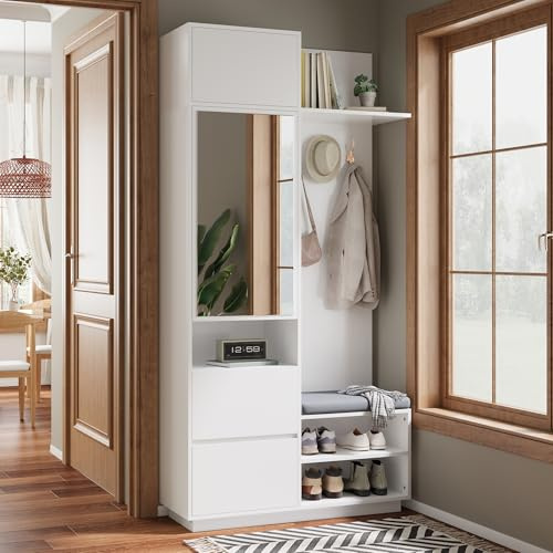 Httcg Garderobe Set Garderobenschrank Höhe 190 cm mit Spiegel und Sitzbank, Garderobenset Flurgarderoben Set mit Wandgarderobe und Schuhschrank, Kompaktgarderobe mit Haken und Regal, Flurmöbel, Weiß