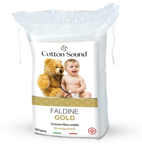 COTTON SOUND GOLD BABY Faldine 60 Pezzi per Bambini | 100% Cotone Idrofilo, quadrotti 9 x 11 cm, ipoallergeniche e biodegradabili, dermatologicamente testate, Made in Italy