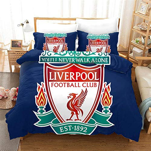 BEDSERG Blauer Liverpooler Fußball 3D Bettbezug 100% Mikrofaser 135x200 cm 3-teilig Bettwäsche-Sets Enthält 2 Kissen 80x80cm Geeignet für Kinder und Erwachsene