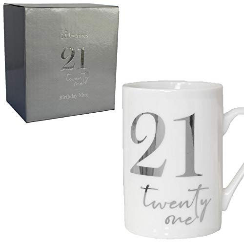White Bone China Mug with Silver Foil Number - 21 Twenty one 21st Birthday